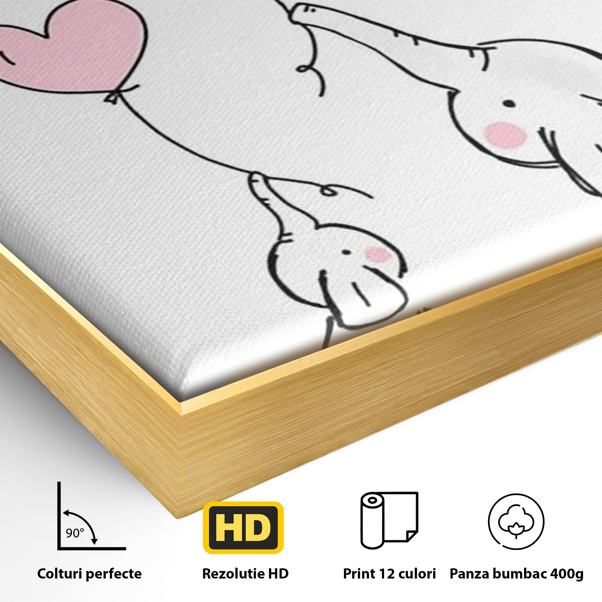 Detaliu al suprafetei: ilustratie cu elefanti si baloane, in rama de aluminiu auriu